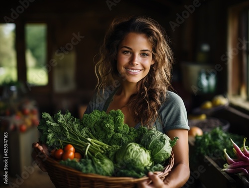 Happy farmer young woman holding a basket of freshly picked vegetables and smiling. Generative ai