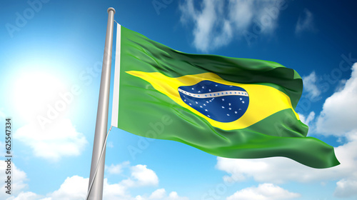 Vibrant Brazilian flag illustration against a sunny blue sky background, perfect for celebrating the spirit of Brazil