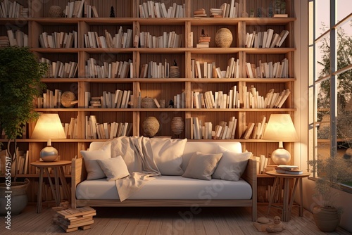 A bookshelf made of wood contains a collection of books that are lit by a soft and cozy glow. This arrangement creates a welcoming home library filled with various reading materials. © 2rogan
