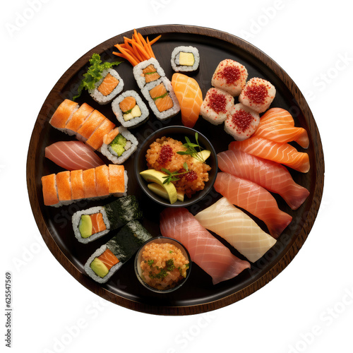 Top view of a round sushi box with various delicious fresh sushi in a black bowl. Take away food isolated on white.