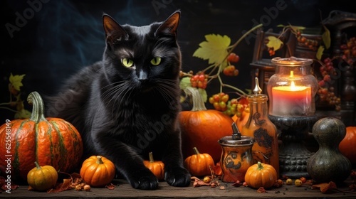 A black cat sitting in front of a pile of pumpkins. Generative AI.