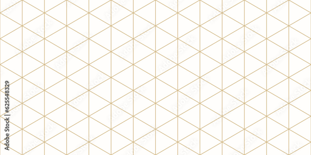 Triangular grid vector seamless pattern. Subtle thin golden lines texture, delicate minimalist lattice, mesh, net, triangles, hexagons. Abstract white and gold luxury background. Elegant geo design