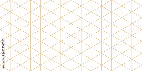 Triangular grid vector seamless pattern. Subtle thin golden lines texture, delicate minimalist lattice, mesh, net, triangles, hexagons. Abstract white and gold luxury background. Elegant geo design