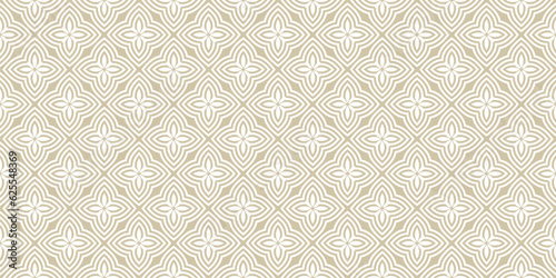 Golden vector seamless pattern. Luxury geometric floral ornament. Abstract gold ornamental texture with flower silhouettes, petals, curved lines, repeat tiles. Elegant simple gold and white background
