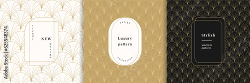 Vector Art deco geometric seamless patterns with modern minimal labels. Trendy linear grid ornament, curved lines lattice, peacock pattern. Gold textures set. Premium backgrounds. Repeatable design