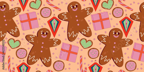 Retro Christmas seamless pattern. Groovy christmas character with face. Funny xmas character for comic design. Weird mascot. Retro cartoon pattern vector illustration