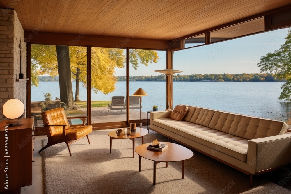 The interior of an older midcentury rambler boasts a white ceiling and beige carpet, as well as a sofa, chairs, and a beautiful view of the lake.