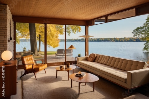 The interior of an older midcentury rambler boasts a white ceiling and beige carpet, as well as a sofa, chairs, and a beautiful view of the lake. © 2rogan