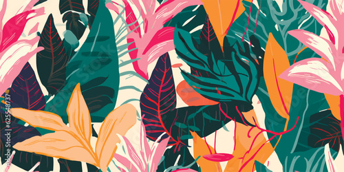 Jungle plants illustration pattern. Creative collage contemporary floral seamless pattern. Fashionable template for design