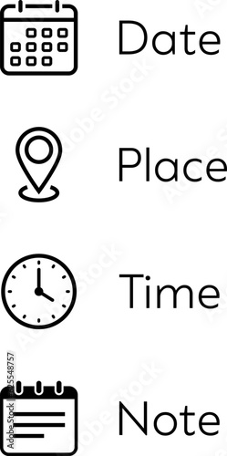 Date, Place, Time and Note icons for business meeting card or web design
