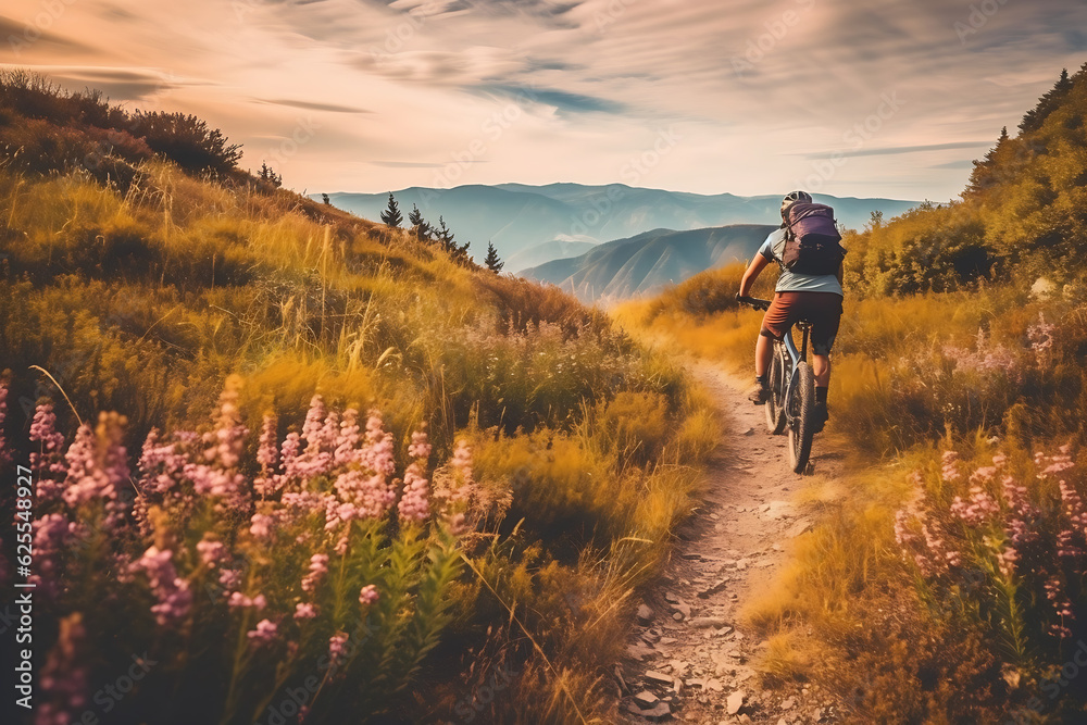 Mountain Biker Riding on a Mountain Terrain Landscape, Digital Render