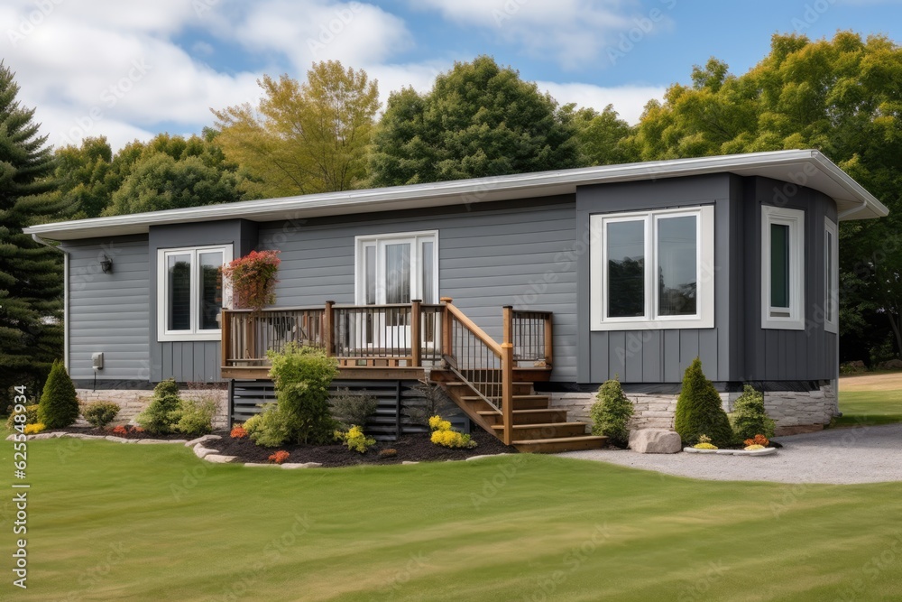 A lovely sky serves as the backdrop for a grey trailer home that features a stone foundation or skirting, as well as shutters in the front.