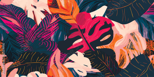 Modern exotic jungle plants illustration pattern. Creative collage contemporary seamless pattern. Fashionable template for design
