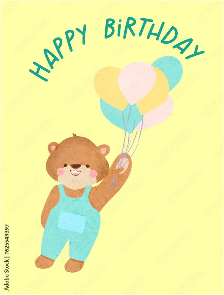 Vector greeting card, Happy birthday, Cute little bear with balloons, colorful postcard, invitation