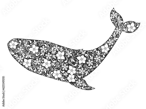 Silhouette of whale with floral ornament. Illustration on transparent background