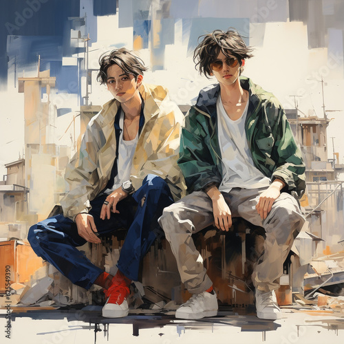 Shape illustration, two friends,  boys, dignified poses, emotional figures, disfigured forms