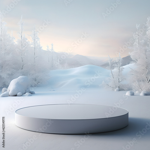 Empty podium for display product background for Christmas concept. White display podium on snowy mountain background for product display, advertising, cosmetic skincare © AspctStyle