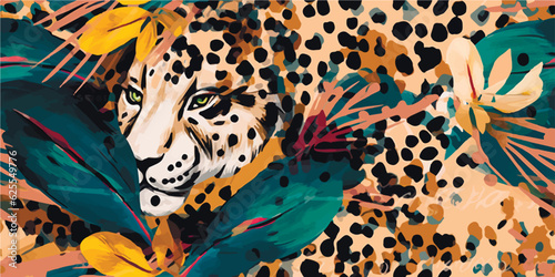 Modern exotic pattern with leopard. Creative collage contemporary floral seamless pattern. Fashionable template for design