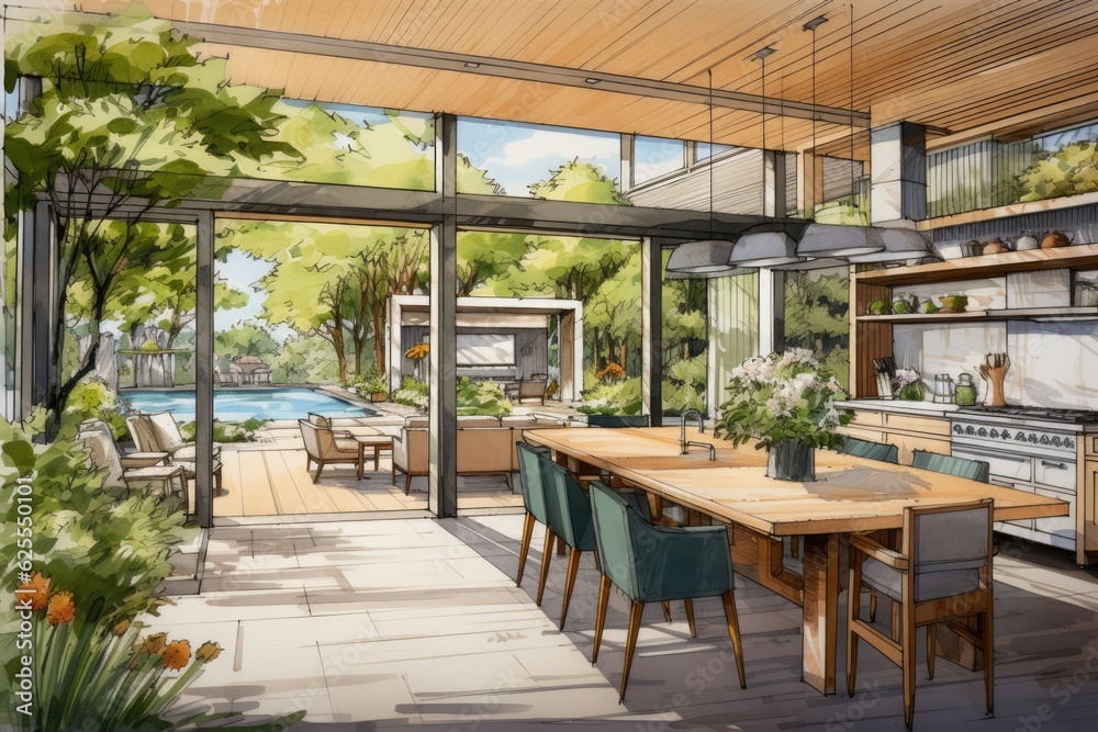 Sketching a combination of renovations for a modern luxurious kitchen featuring a sliding door that opens up to a picturesque garden filled with vibrant greenery.