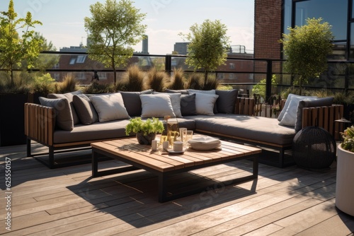Outdoor furniture is arranged on the sunny terrace.