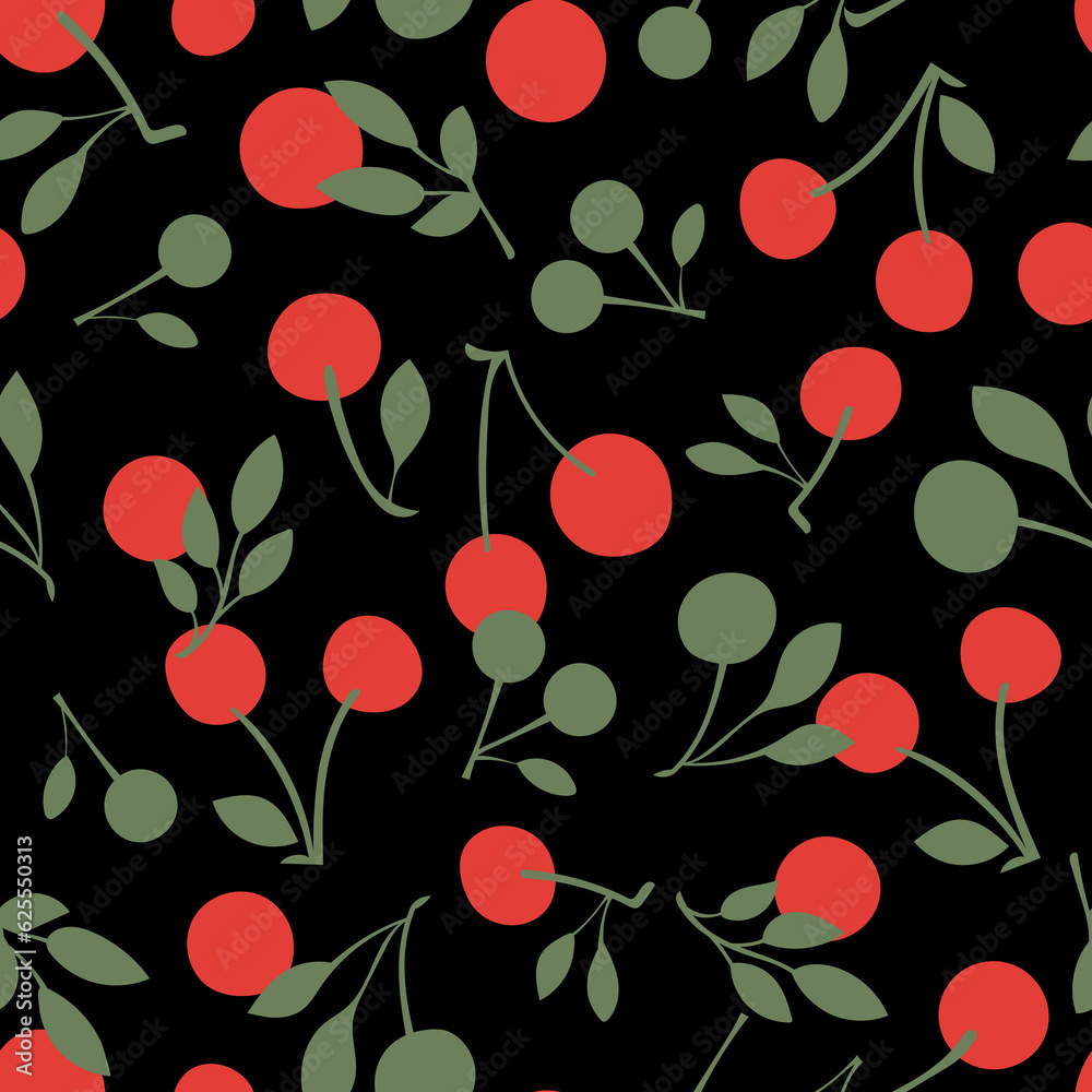 Red cherries seamless pattern on black background