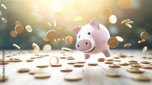 Piggy bank and coins stack on bokeh background. Saving money concept.