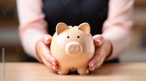 Close-up of a woman holding a piggy bank in her hands