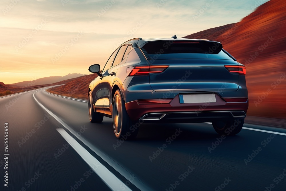 Naklejka premium A blue car driving down a road with mountains in the background created with Generative AI technology