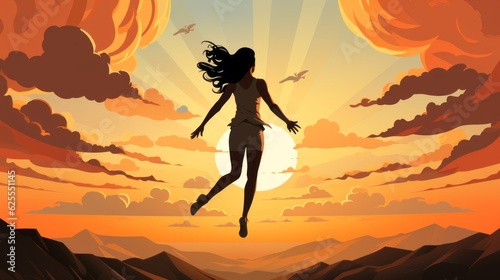 A young woman jumps in the air with happiness and joy. Conveys joy, lightness and happiness. Generative AI