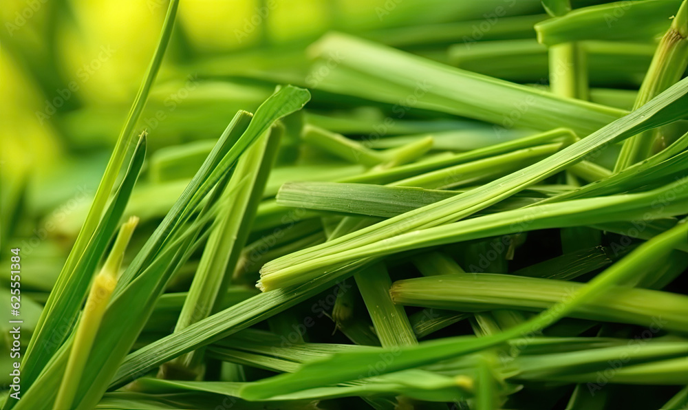 Fresh lush green grass on meadow with drops of water dew. Close-up macro. Generative AI tools Fresh lush green grass on meadow with drops of water dew. Close-up macro. Generative AI tools