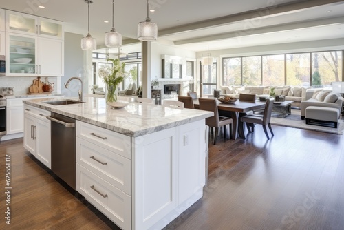 A suburban home with an open concept design features a bright and contemporary kitchen  adorned with white color scheme  granite countertops  and an abundance of natural sunlight.