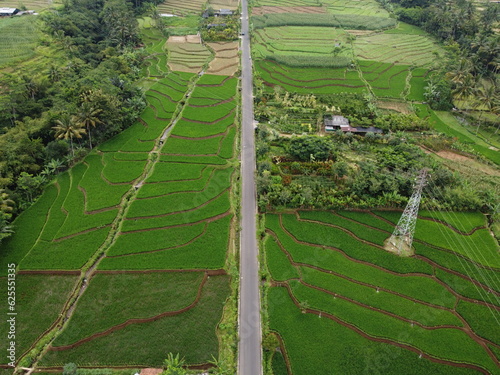 Photography The drone view of Baturaden Street in Banyumas, Central Java, Indonesia