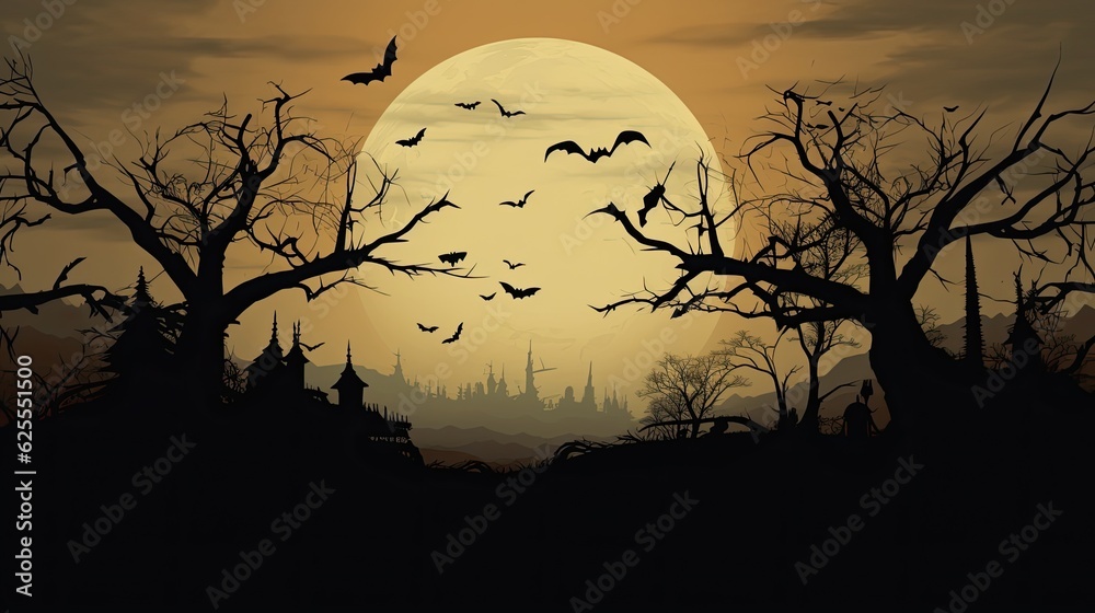 Spooky Halloween silhouettes under moonlit night sky.
