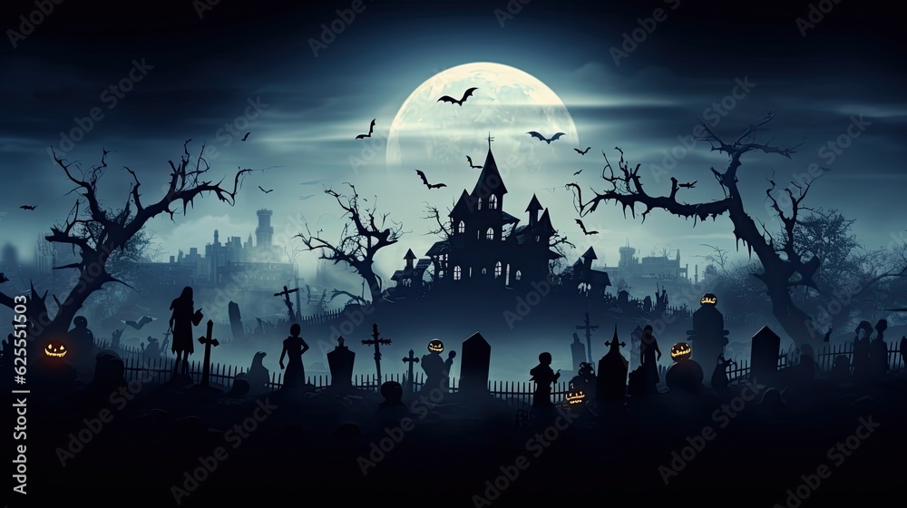 Creepy graveyard with spooky Halloween silhouettes.