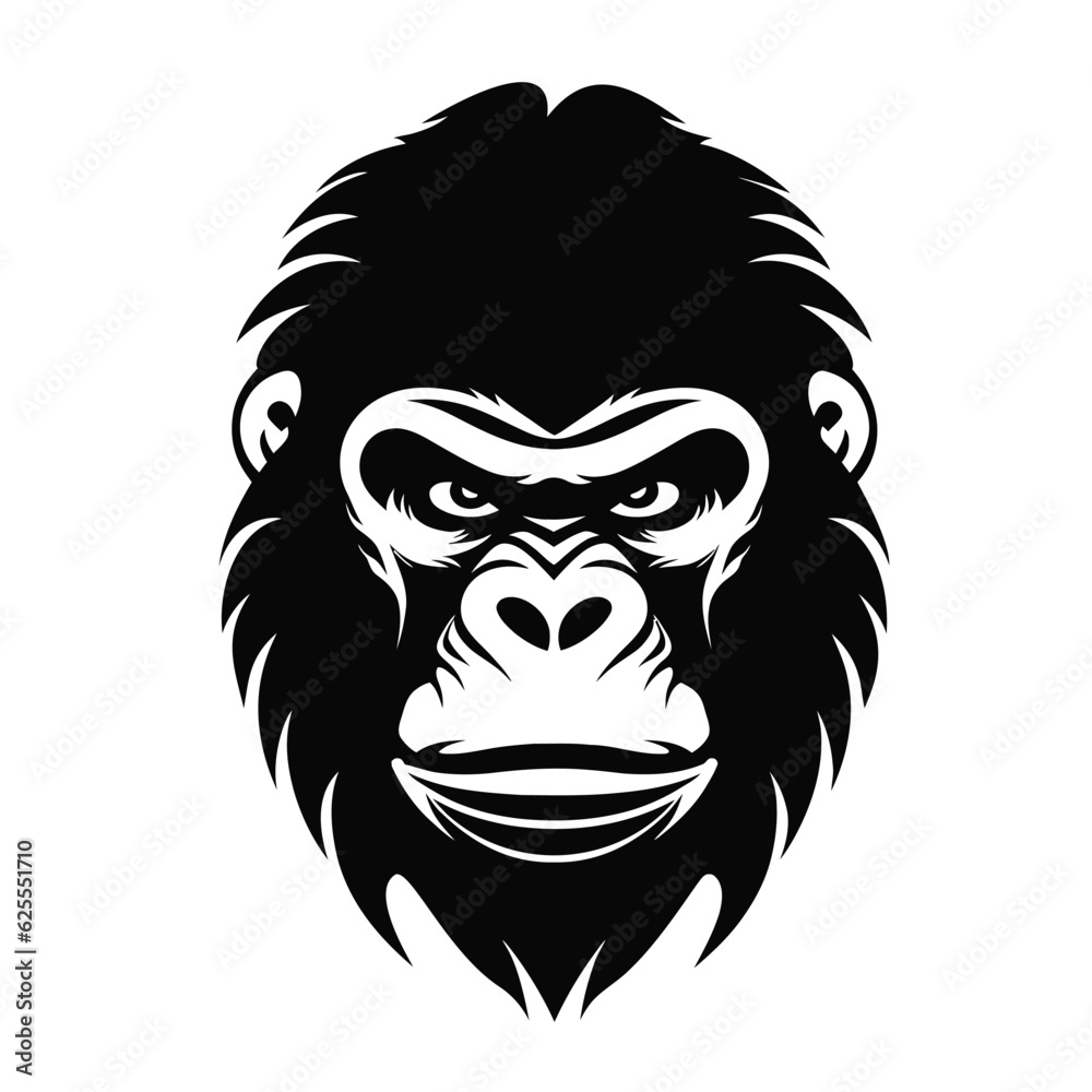 Powerful gorilla head in monochrome style. Impressive vector illustration on a white background, representing strength and intensity