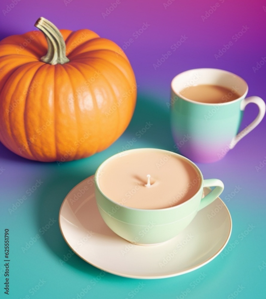 Cup of candles with pumpkins, sunglasses on colorful background Generative AI