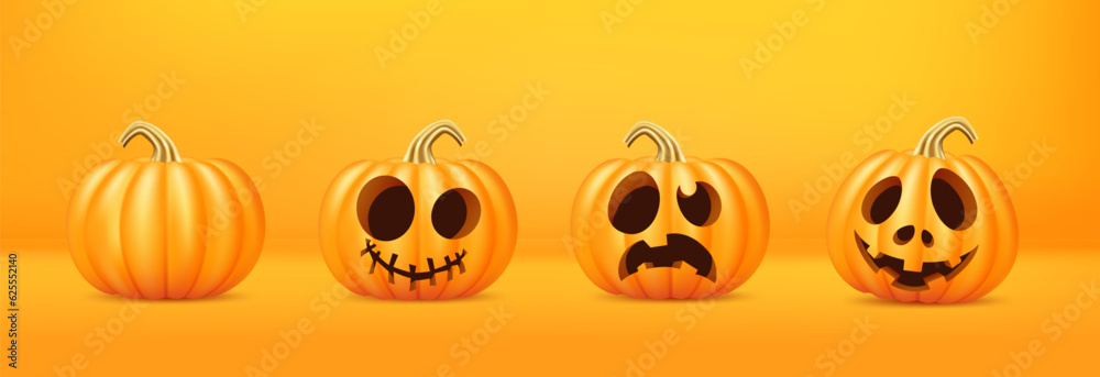 Obraz premium Set of orange cartoon character, holiday halloween pumpkins, with joyful smiling emotions, jack o lanterns for party.