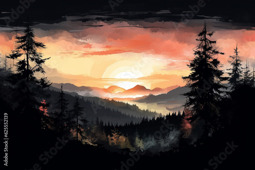 Abstract colorful mountain and forest landscape on watercolor illustration painting background.