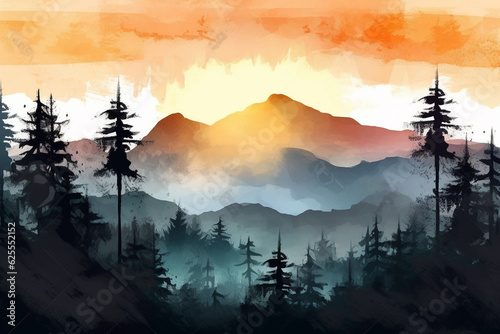 Abstract colorful mountain and forest landscape on watercolor illustration painting background.