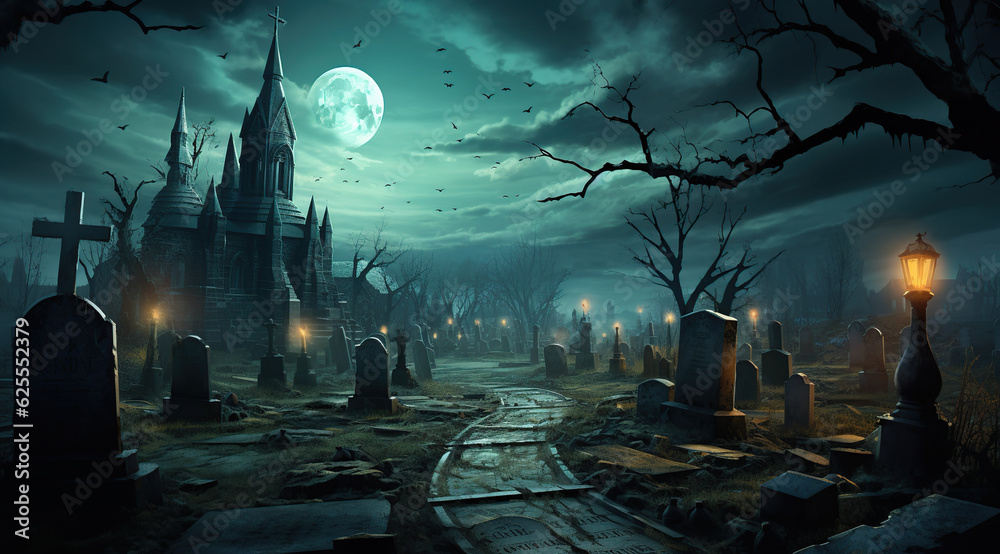 halloween background with old cemetery gravestones spooky Generative AI