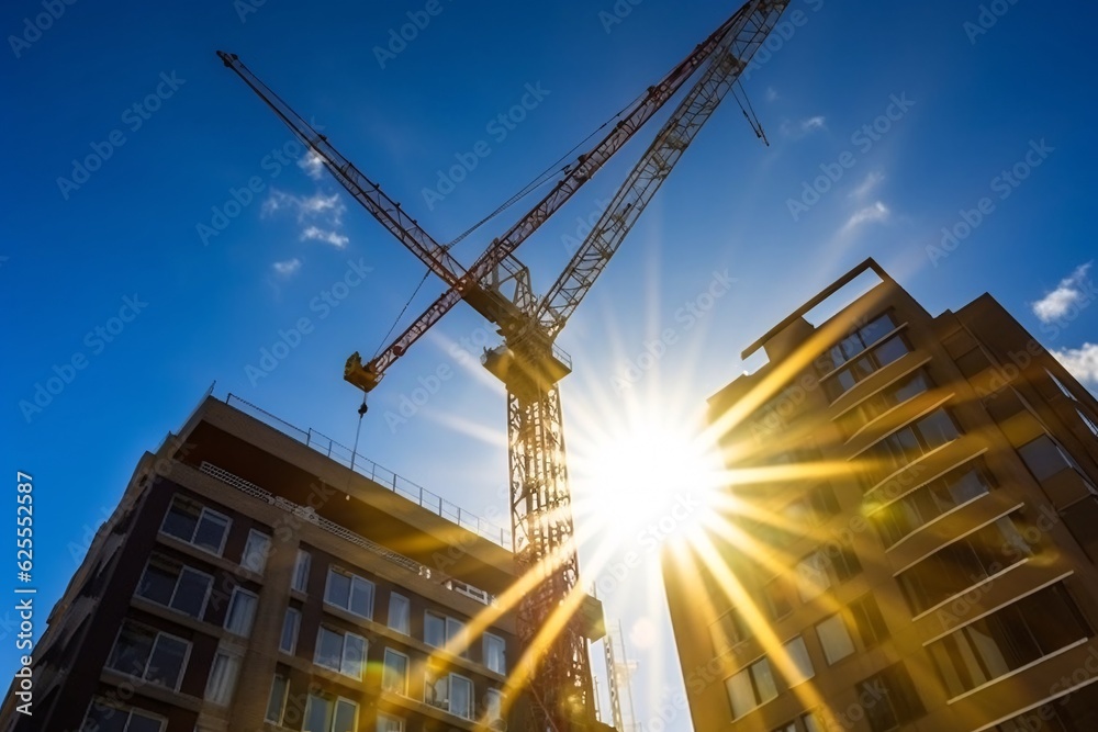 Crane and building under construction against blue sky with sun rays.. Generative AI technology.