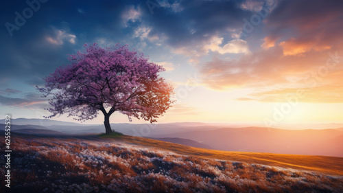 lonely tree with pink leaf and flowers field at spring