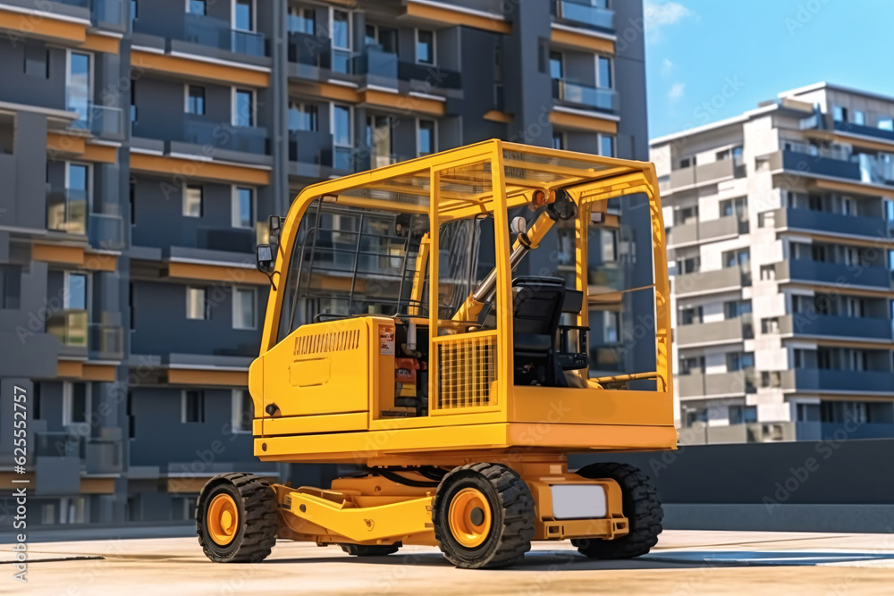 Yellow forklift truck on a construction site. Generative AI technology.