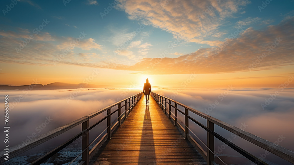 person walking on wooden boardwalk path over the clouds