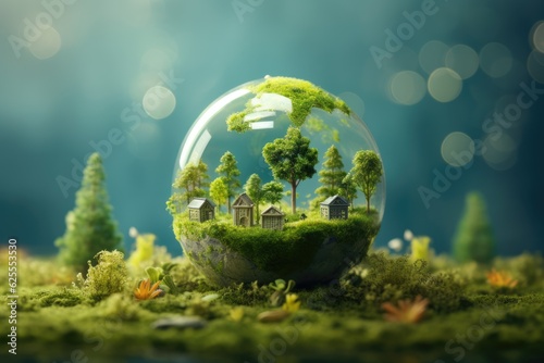 Bulb filled with green trees, plants and buildings. Concept of green city, renewable and clean energy, sustainable resources, Earth Day. © eireenz