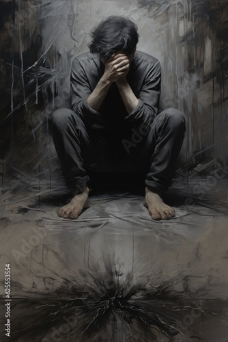 Man sitting on the floor on dark background, depression and mental health concept.