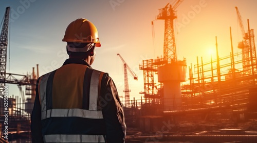 backside of Engineer Technician Watching Team of Workers on High Steel Platform, 