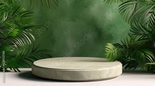 Mock-up of podium made of stone surrounded by green plants and leaves. Eco friendly concept background for eco and beauty products