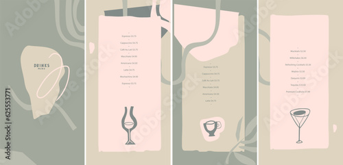 Basic RGBVector drinks menu design template. Linear abstraction. List, banner, booklet, flyer, brochure. Layout for outdoor restaurant, bar and cafe on the beach by ocean, in the forest, in tropical j
