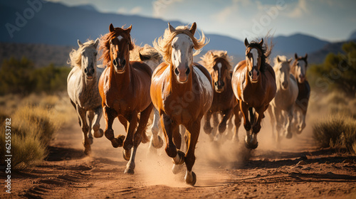 Generative ai illustration of Group of horses running gallop in natural environment © pbombaert